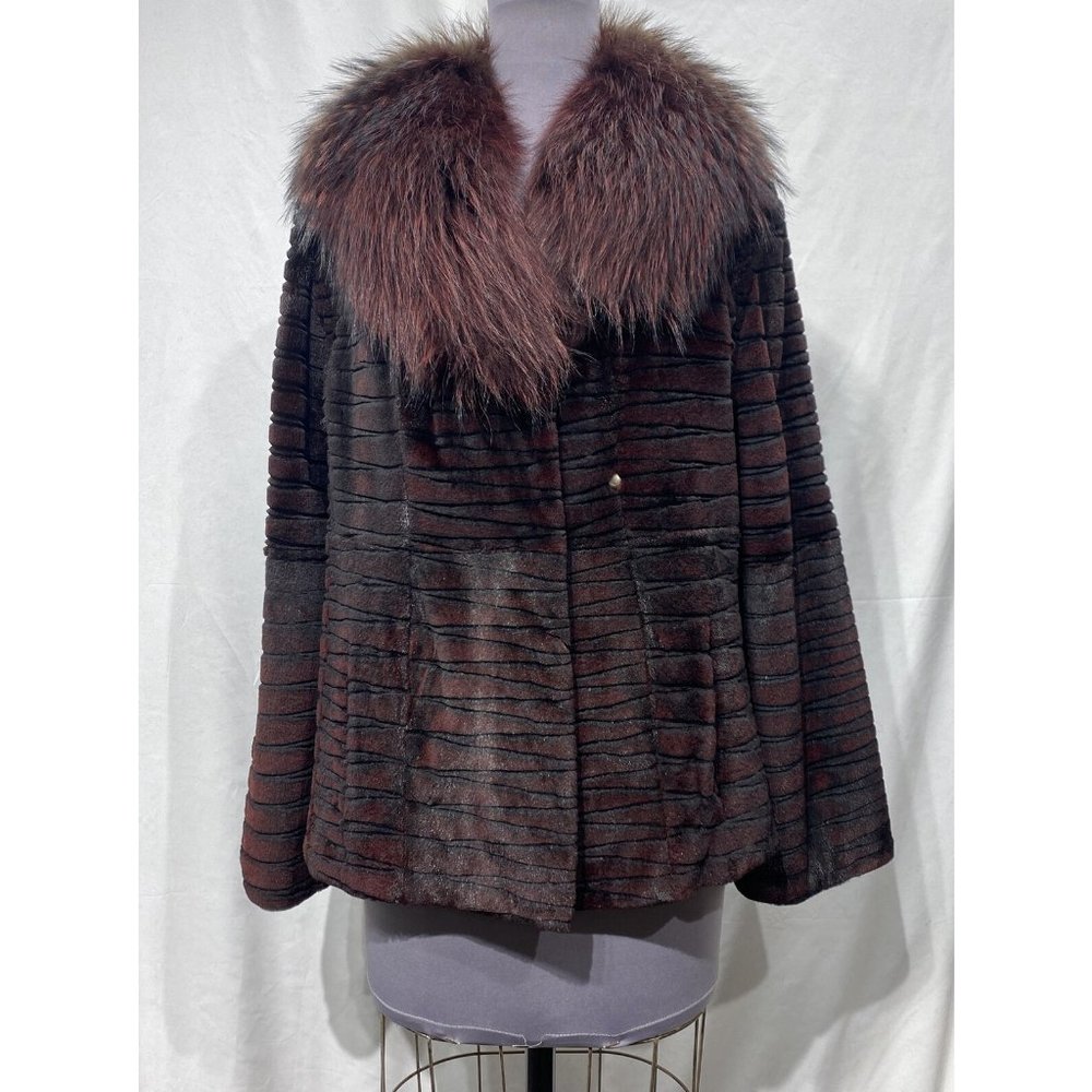 sheared mink groove jacket dyed cherry w/ fin raccoon collar (8253)